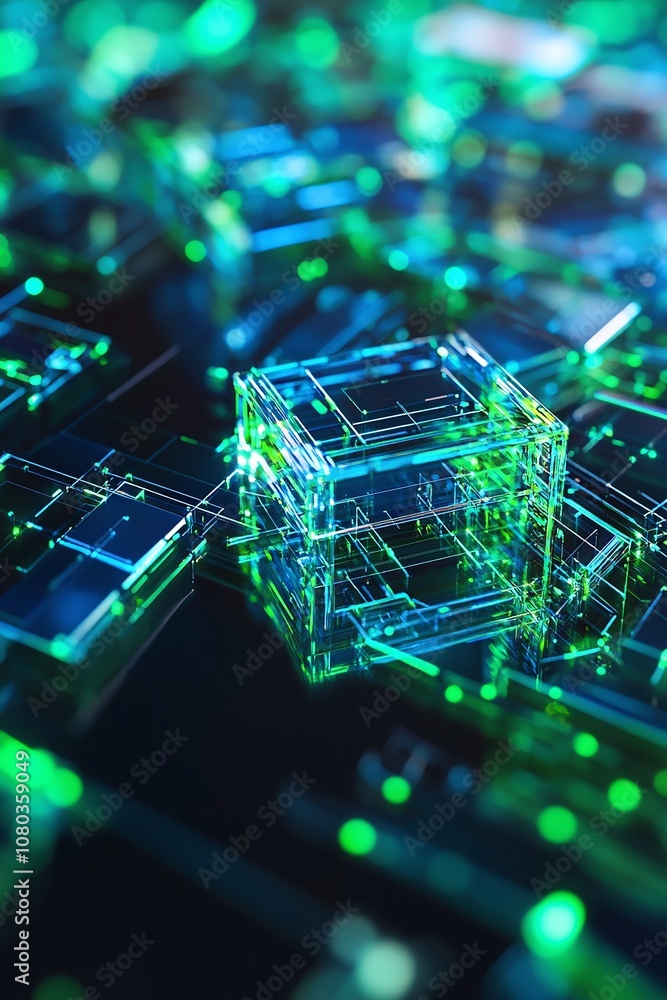 Poster abstract technological background featuring glowing transparent cubes and a network of circuits in a