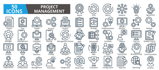 Project management icon collection set. Containing planning,scheduling,leadership,project,management,goals,target,management icon. Simple line vector