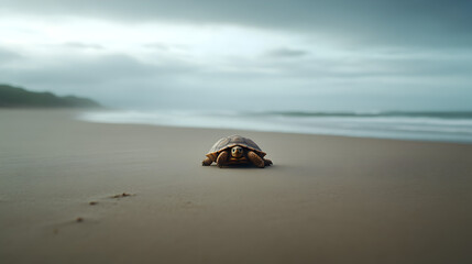 A solitary tortoise slowly moving across a sandy beach, illustrating its natural pace and environment. A tortoise making its way on the shore.


