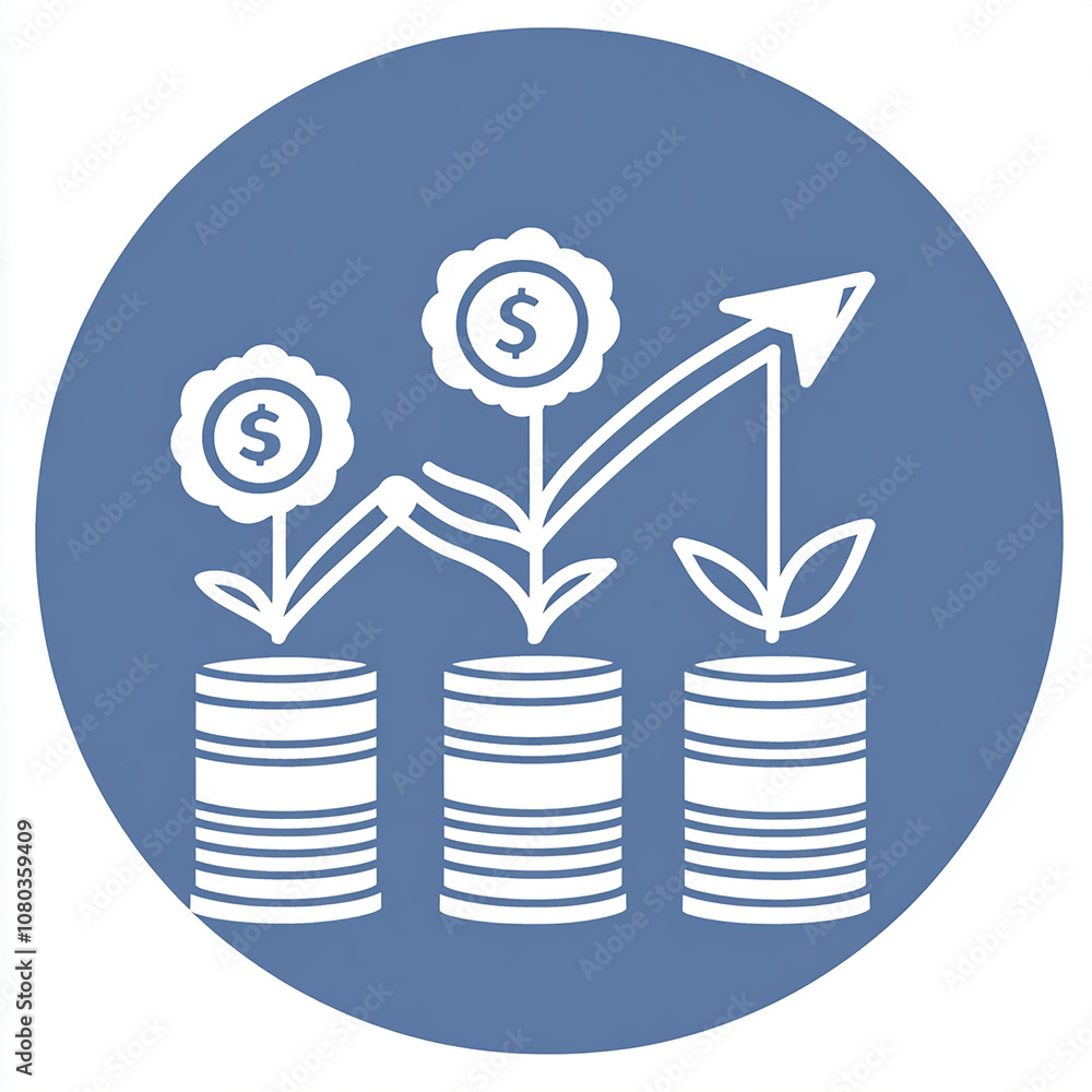Poster a simple graphic showing a blue circle with three white coin stacks in a row and a white upward arro
