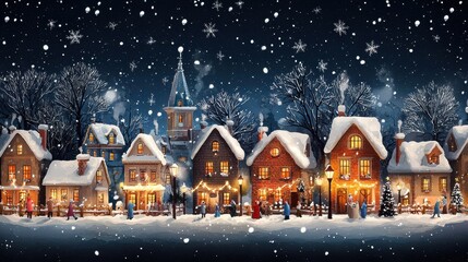 Fototapeta premium Experience the magic of a festive winter night scene with snow-covered homes and twinkling lights
