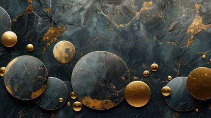 Abstract background with gold and black circles on a textured surface.