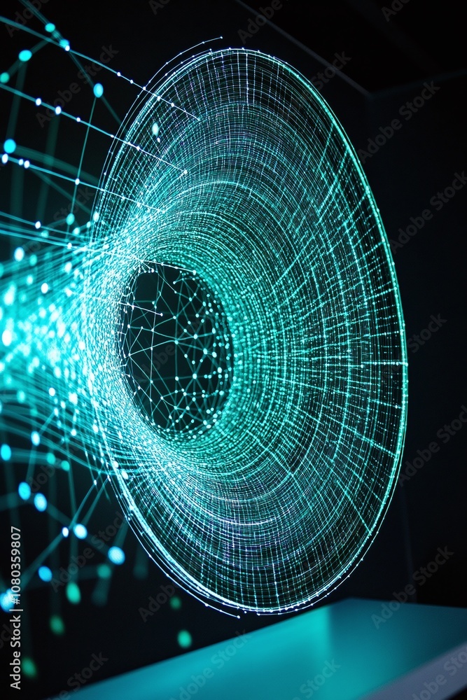 Poster abstract visualization of data network with circular wave patterns representing connectivity, techno