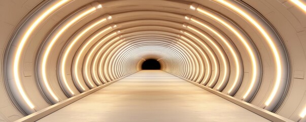 Obraz premium Modern tunnel with glowing lights leading to a dark entrance, minimalist design.