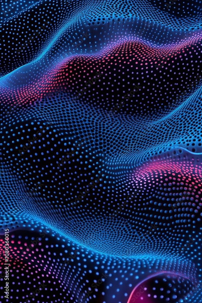 Poster abstract wave pattern in neon blue and pink, digital texture representing fluid motion and vibrant e
