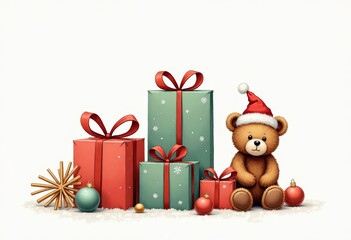 A minimalist Christmas card illustration featuring colorful gifts, ornaments, and a cute Teddy bear wearing a Christmas hat, evoking a warm, nostalgic holiday atmosphere