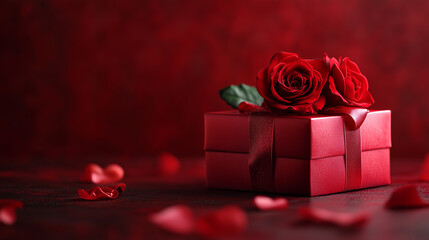 Red background for valentines day, gift and roses