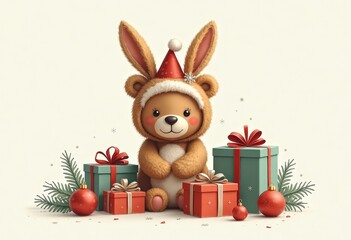 A minimalist Christmas card illustration featuring colorful gifts, ornaments, and a cute Teddy bear in a rabbit costume, warm, nostalgic holiday atmosphere