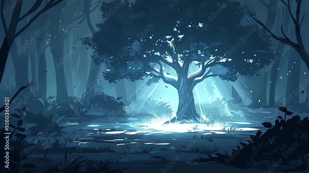 Aufkleber enchanted forest scene with mystical light shining on a solitary tree surrounded by dark woods and s