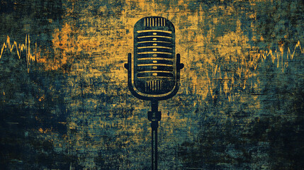 Antique microphone is showcased against a textured backdrop with sound waves, symbolizing the idea of music and audio recording