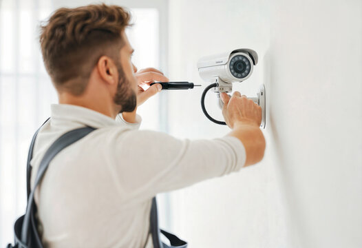 Professional security technician in white shirt and suspenders installing surveillance camera on indoor white wall, rear view of CCTV installation