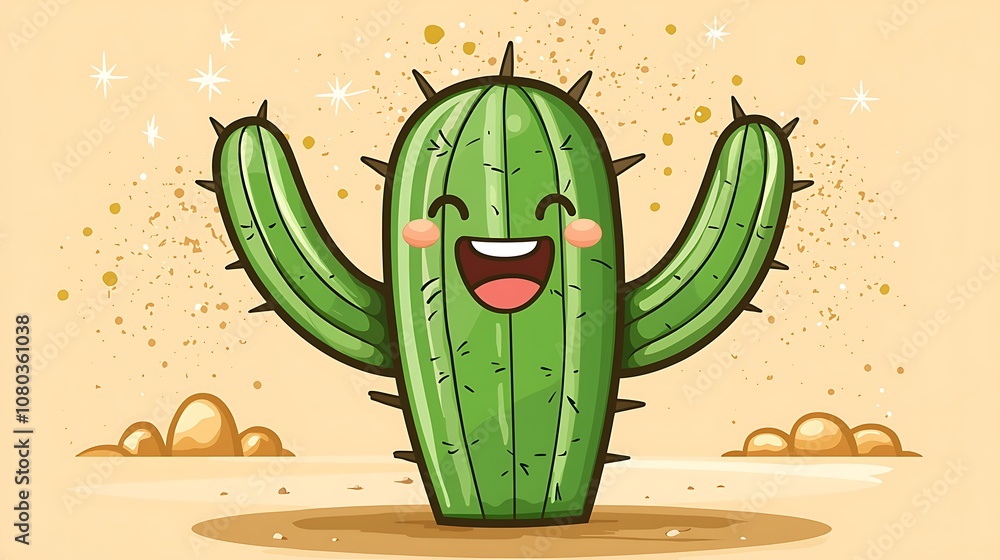 Poster playful and cute cartoon cactus character with happy expression and sparkling background in a desert