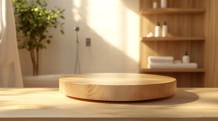 Wooden podium on a table in a minimalist bathroom with natural light.