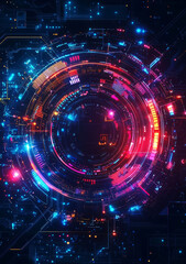 Obraz premium abstract tech background with neon-lit circuit boards, wires, and microchips, set against a dark, gradient blue background.