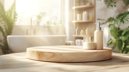 Wooden table with round wooden platform, bottles and green plants, blurred background with bright sunlight streaming through window.