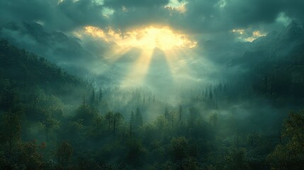 Naklejka premium Misty mountain forest with sunlight filtering through trees, creating a serene and enchanting atmosphere in nature's embrace