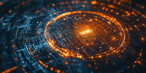 abstract tech background with neon-lit circuit boards, wires, and microchips, set against a dark, gradient blue background.