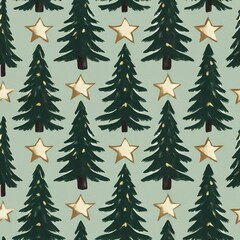 Obraz premium Festive winter holiday seamless pattern illustration with repeating dark evergreen trees and sparkling golden celestial stars.