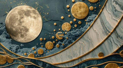 Abstract moon in a galaxy of gold and marble with a modern and luxurious feel.
