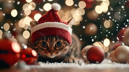 Obraz premium Adorable cat dressed in a christmas hat captivates with playful charm amidst festive decorations