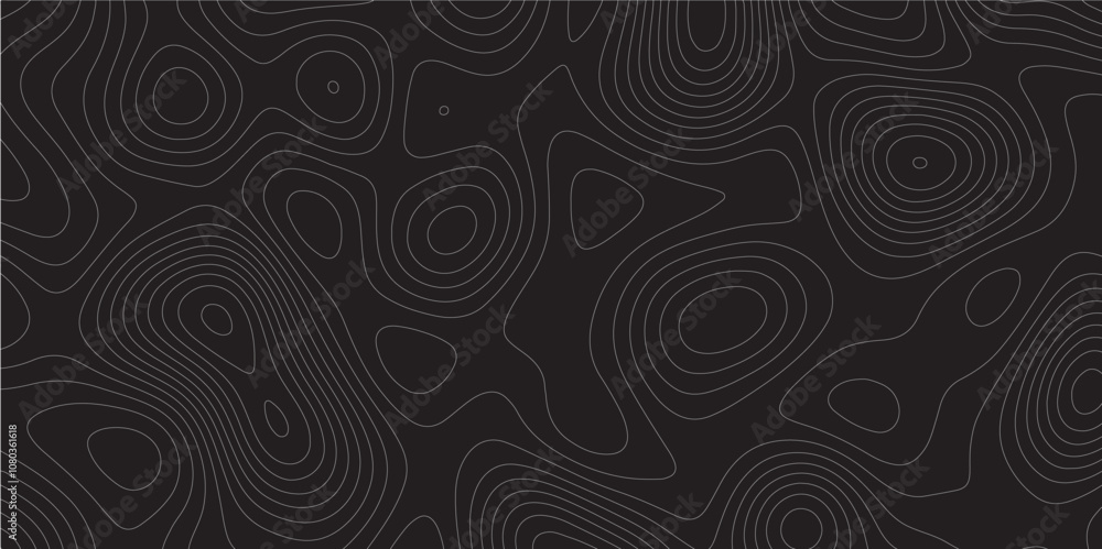 Poster Abstract white on black background Topographic line map pattern. Contour elevation topographic and textured Background Modern design with black background with topographic wavy patted.	
