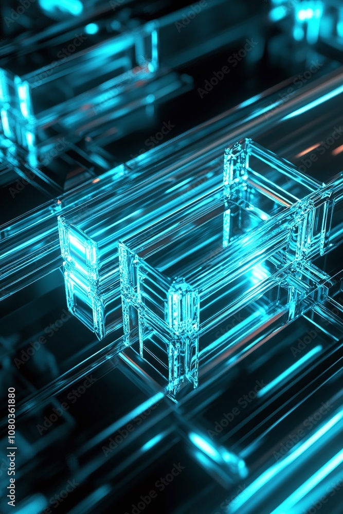 Poster futuristic 3d transparent structure glowing in blue light, creating a high-tech, digital environment