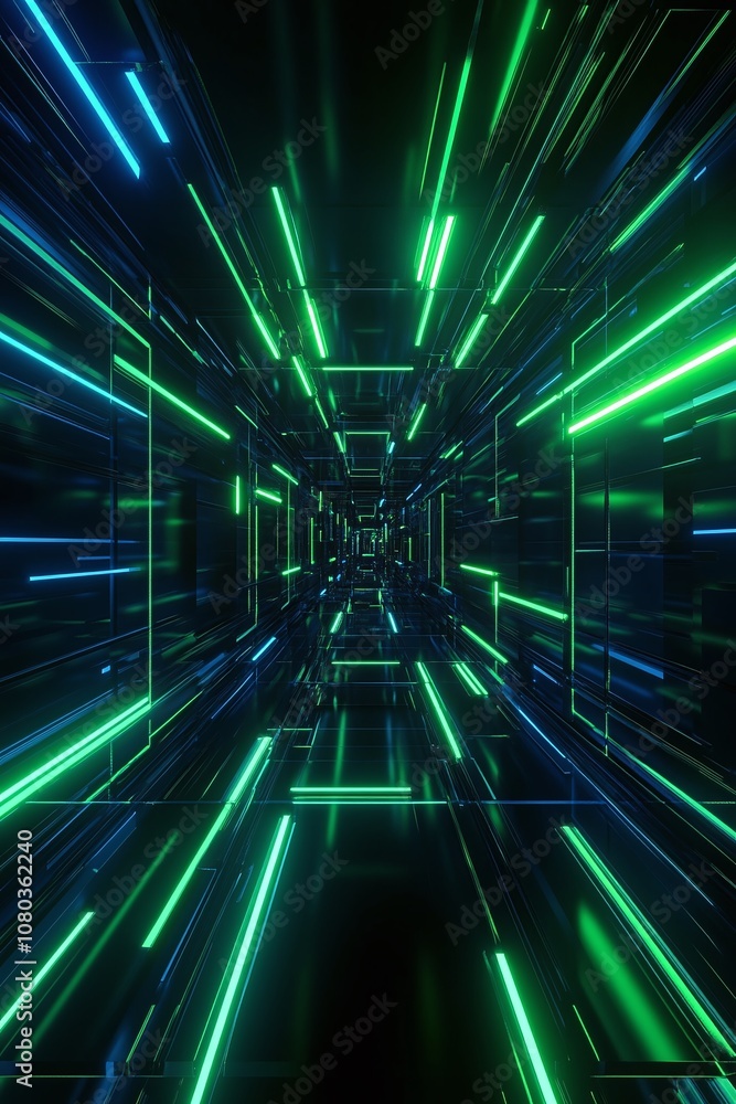 Poster Futuristic Abstract Background with Dynamic Light Rays in Blue and Green Colors Creating a Sense of Depth and Motion in a Digital Environment