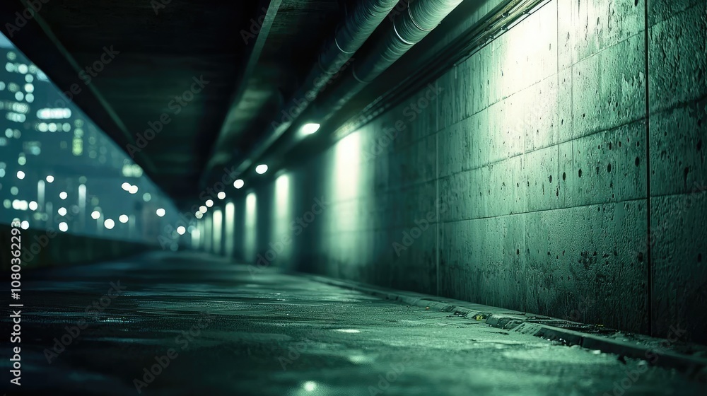 Poster dark urban tunnel illuminated with soft green lights, providing a mysterious atmosphere.