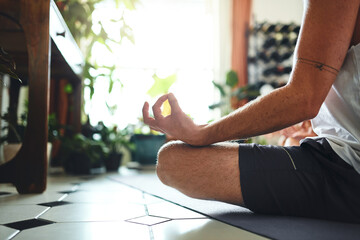 Person, hands and yoga of meditation at house for holistic fitness, spiritual healing and...
