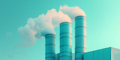 Tall factory pipes releasing soft vapor clouds under a pale blue sky.