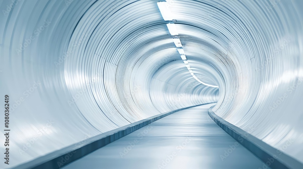 Poster futuristic tunnel perspective with bright, smooth walls and illuminated pathway.