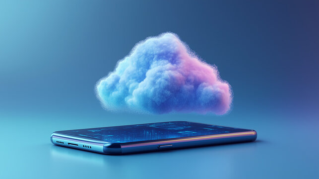 3D cloud icon on smartphone screen, data synchronization process, online storage, cloud technology, modern tech innovation