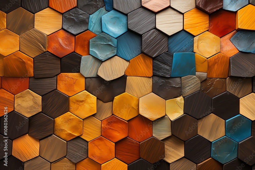 Poster colorful hexagonal wooden tiles create a textured and abstract pattern.