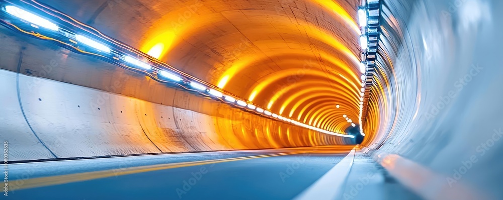 Poster illuminated tunnel view with bright lights and smooth road surface