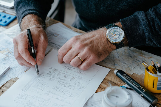 Professional consultant at rustic desk, sketching designs with pen. workspace is filled with blueprints and tools, showcasing creativity and focus