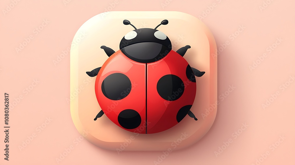 Poster Colorful and Playful Ladybug Icon Design Featuring Bright Red Body and Distinctive Black Spots on Soft Pastel Background for Digital Applications and Graphics