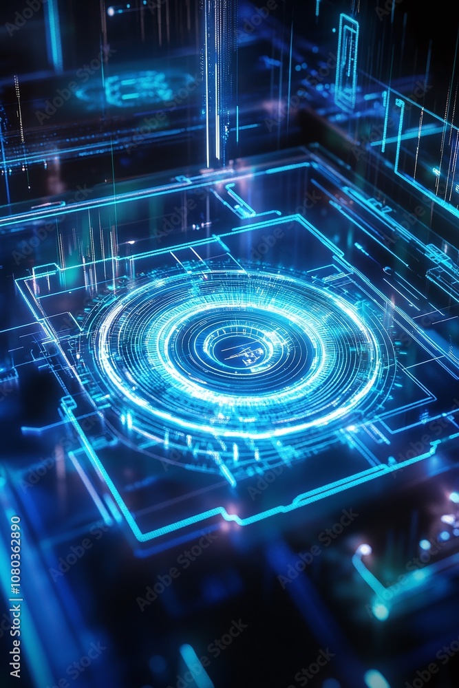 Poster futuristic abstract digital circuit design featuring blue neon lights and geometric patterns in a hi
