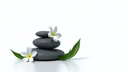 Fototapeta premium Three stones with white flowers and green leaves