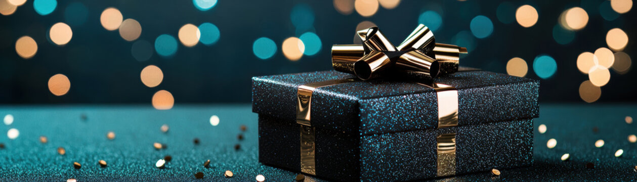 Luxurious black gift box adorned with shiny bow, perfect for special occasions. elegant design and sparkling background create festive atmosphere