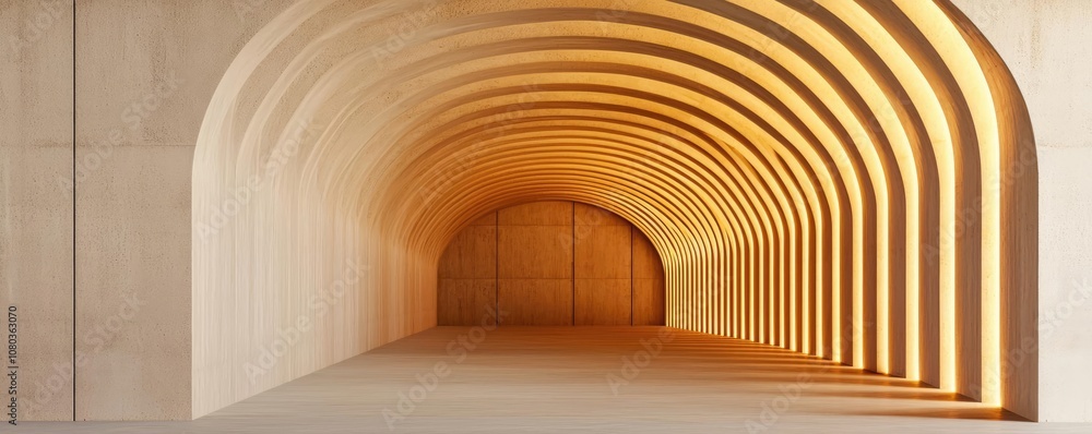 Poster modern architectural interior with soft lighting and curved structural elements.