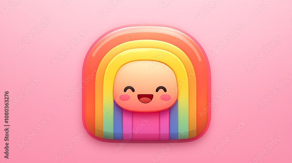 Poster cute and colorful rainbow character with a joyful expression on a soft pink background perfect for p