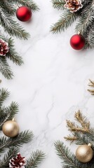 Flat lay Christmas background on white marble floor with christmas ornament decoration. Concept of New Year celebration or Festive.