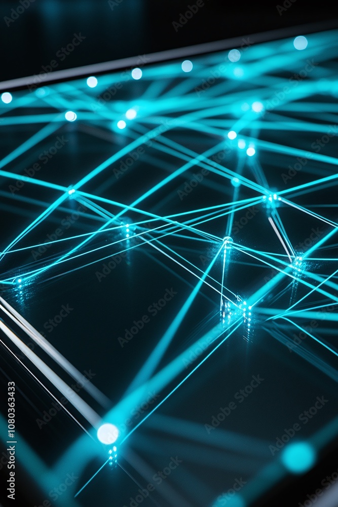 Poster futuristic abstract network connecting points with bright blue light on dark surface depicting commu