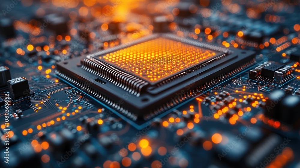 Poster close-up of a microchip with glowing circuitry details.
