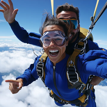 A man and woman are jumping out of a plane together. They are both wearing goggles and are smiling