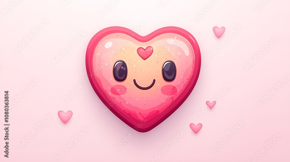 Aufkleber cute and playful cartoon heart character with smiling face and shiny surface on a soft pink backgrou