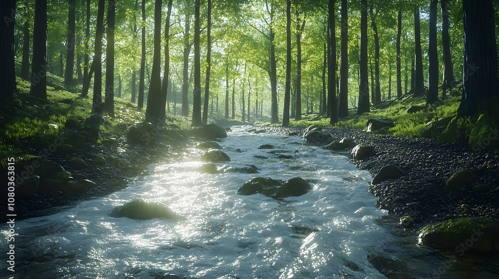 Poster a serene forest scene with a flowing stream surrounded by lush greenery and sunlight filtering throu