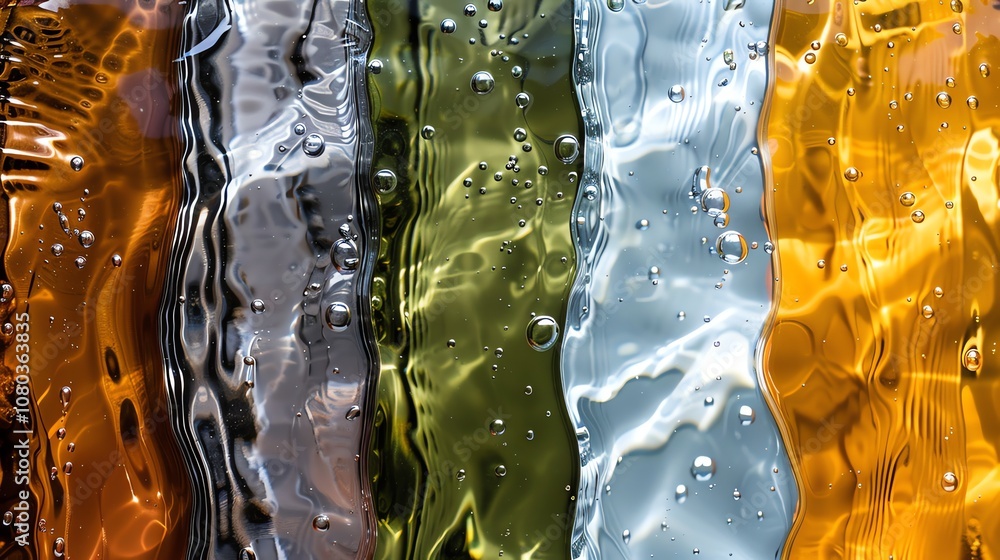 Poster a close up of different colored liquids in clear containers, showing the ripples and bubbles.