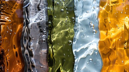 A close up of different colored liquids in clear containers, showing the ripples and bubbles.