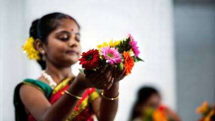 A young Indian girl holding a bouquet of colorful flowers, symbolizing beauty and nature.

